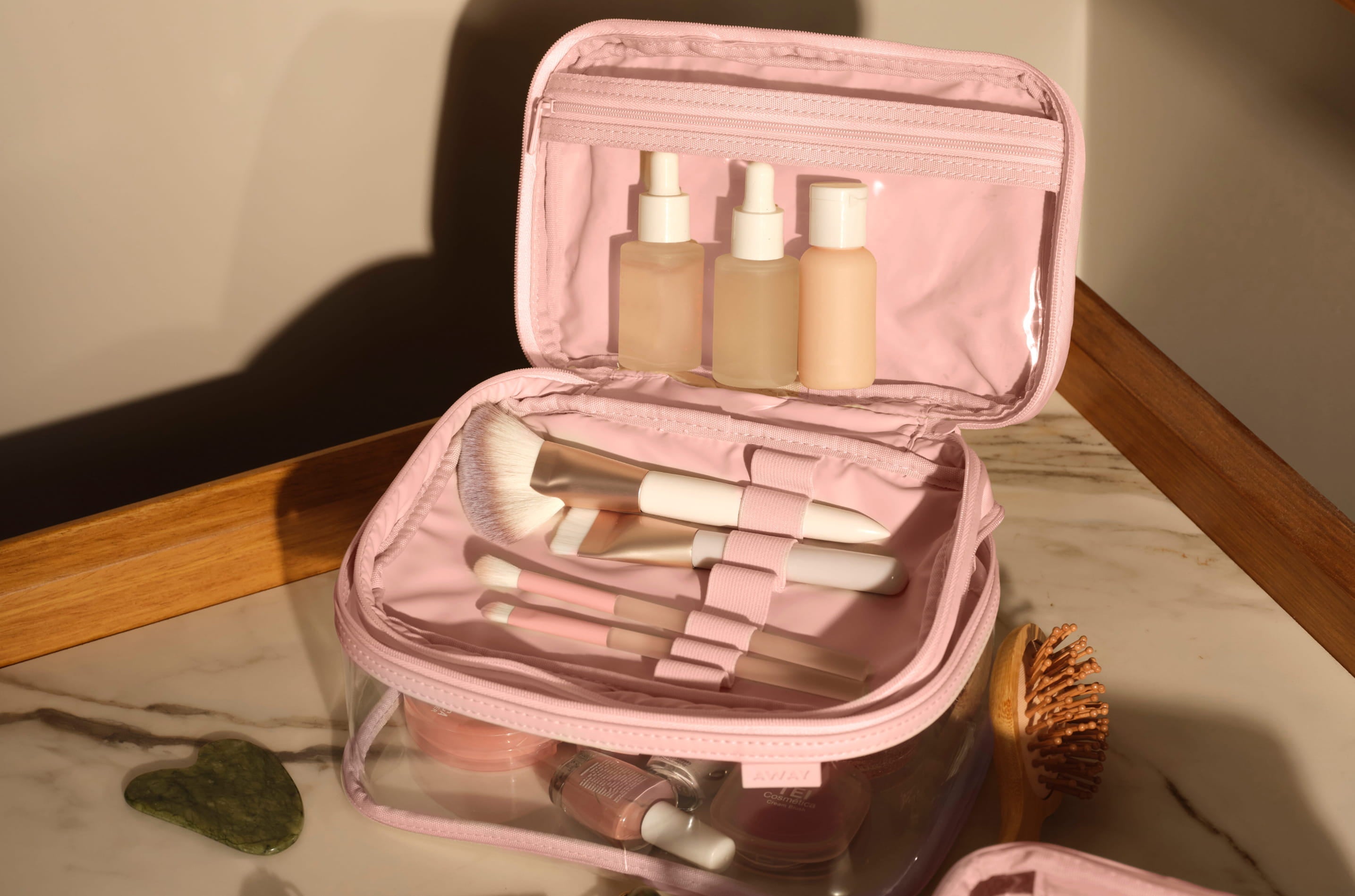 best travel makeup brush bag Abbey Cosmetic Case Made from sturdy and durable pearl white vegan leather Travel Brush Set with Pouch