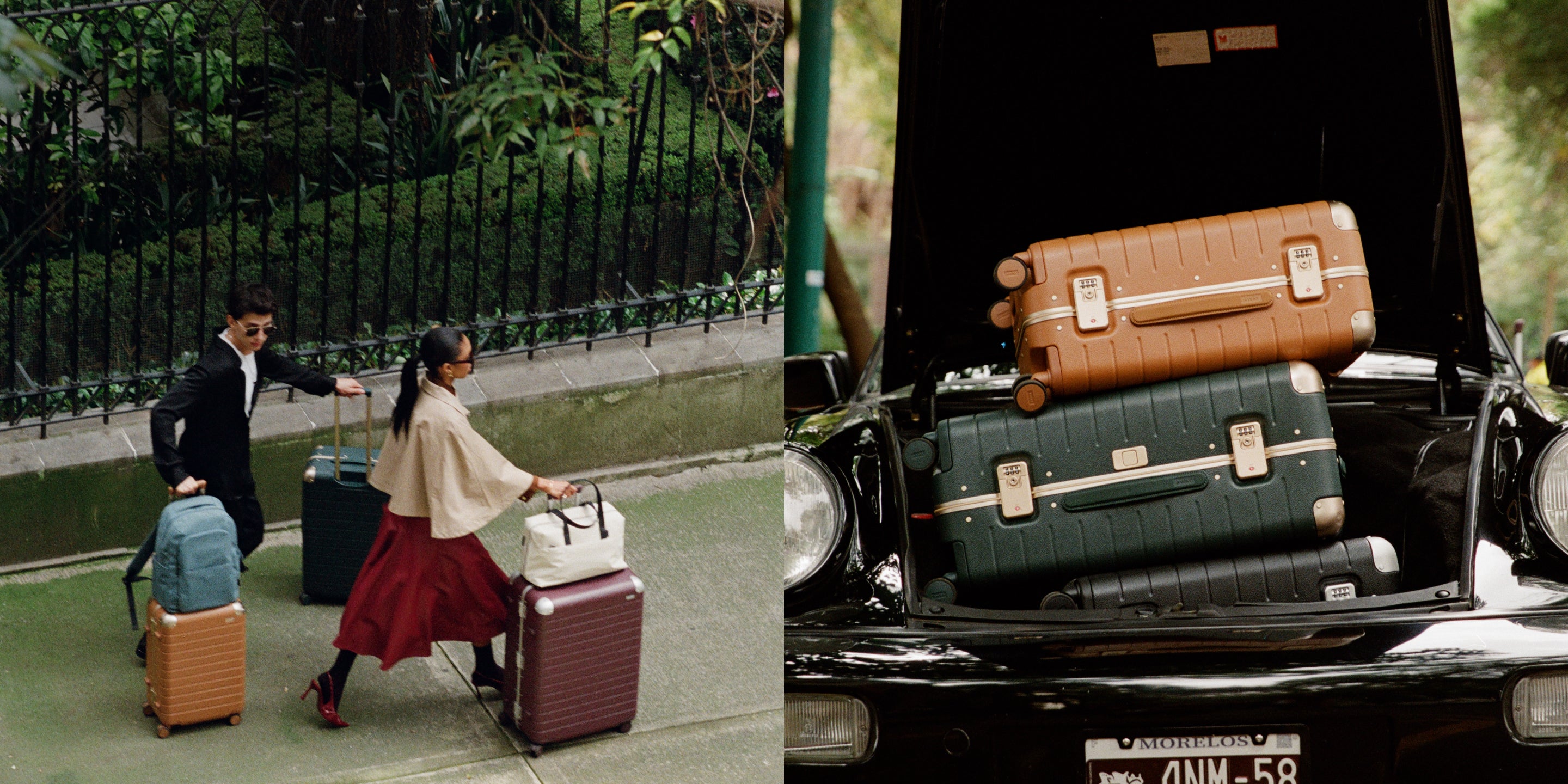 Image of travelers with hybrid suitcases and bags alongside an image of two hybrid suitcases in a car trunk.