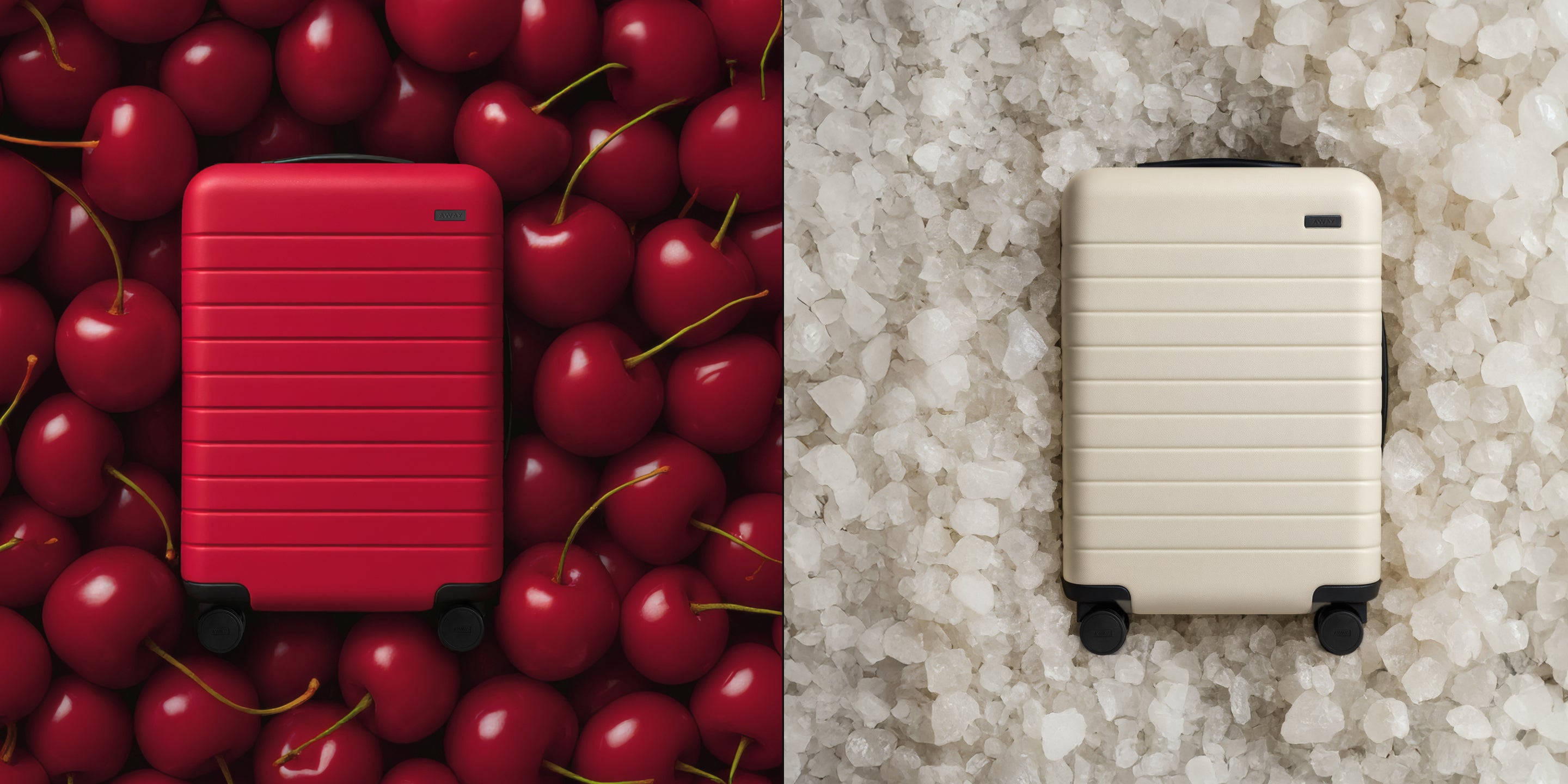 Red suitcase on a bed of cherries and white suitcase on a salt surface