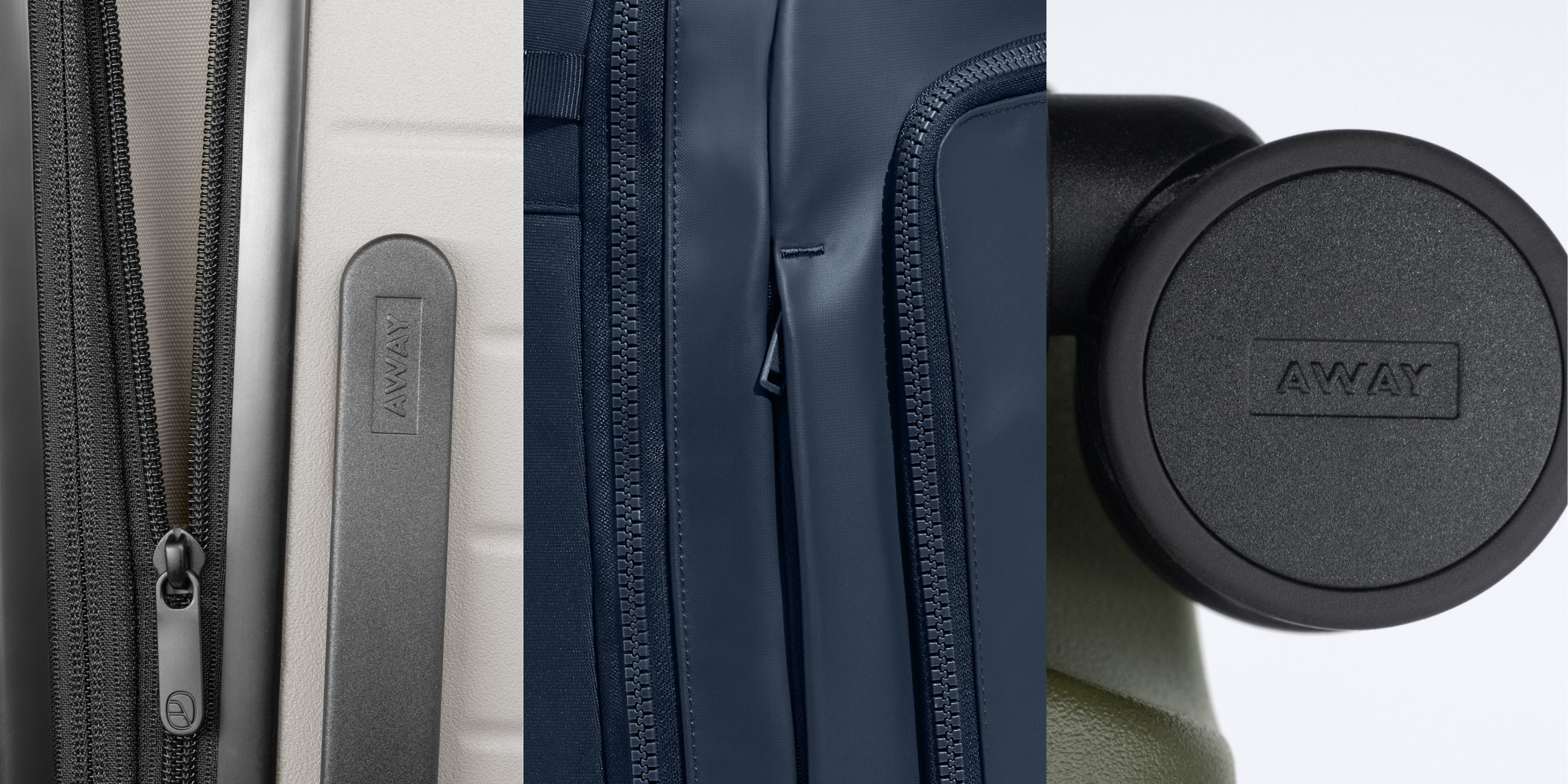 Image focused in on the zippers, handles, and wheels of travel luggage.