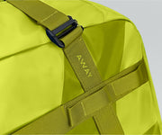 Close up view of the abrasion-resistant material and Away logo
