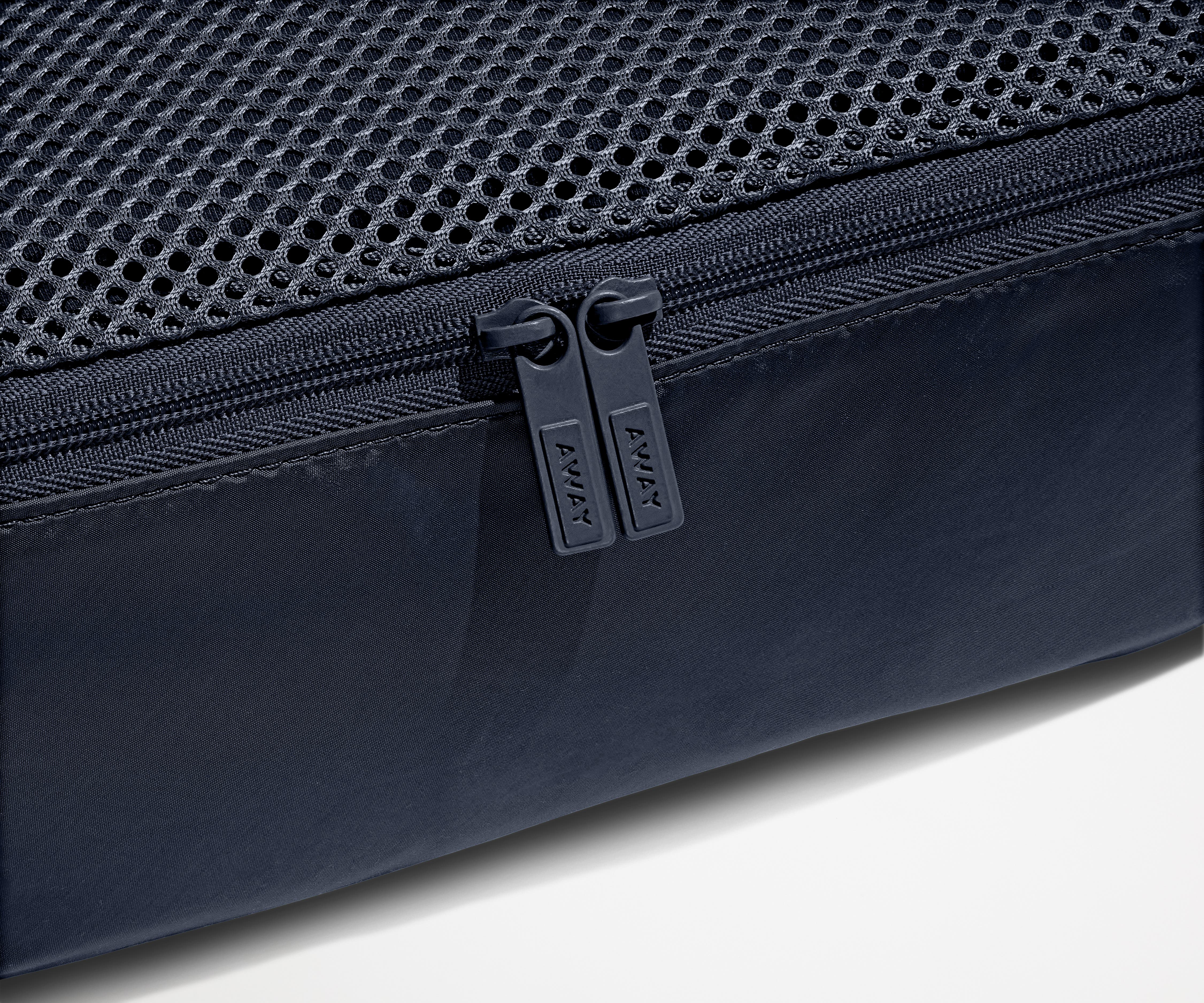 Close up view of the nylon Packing Cube and mesh top