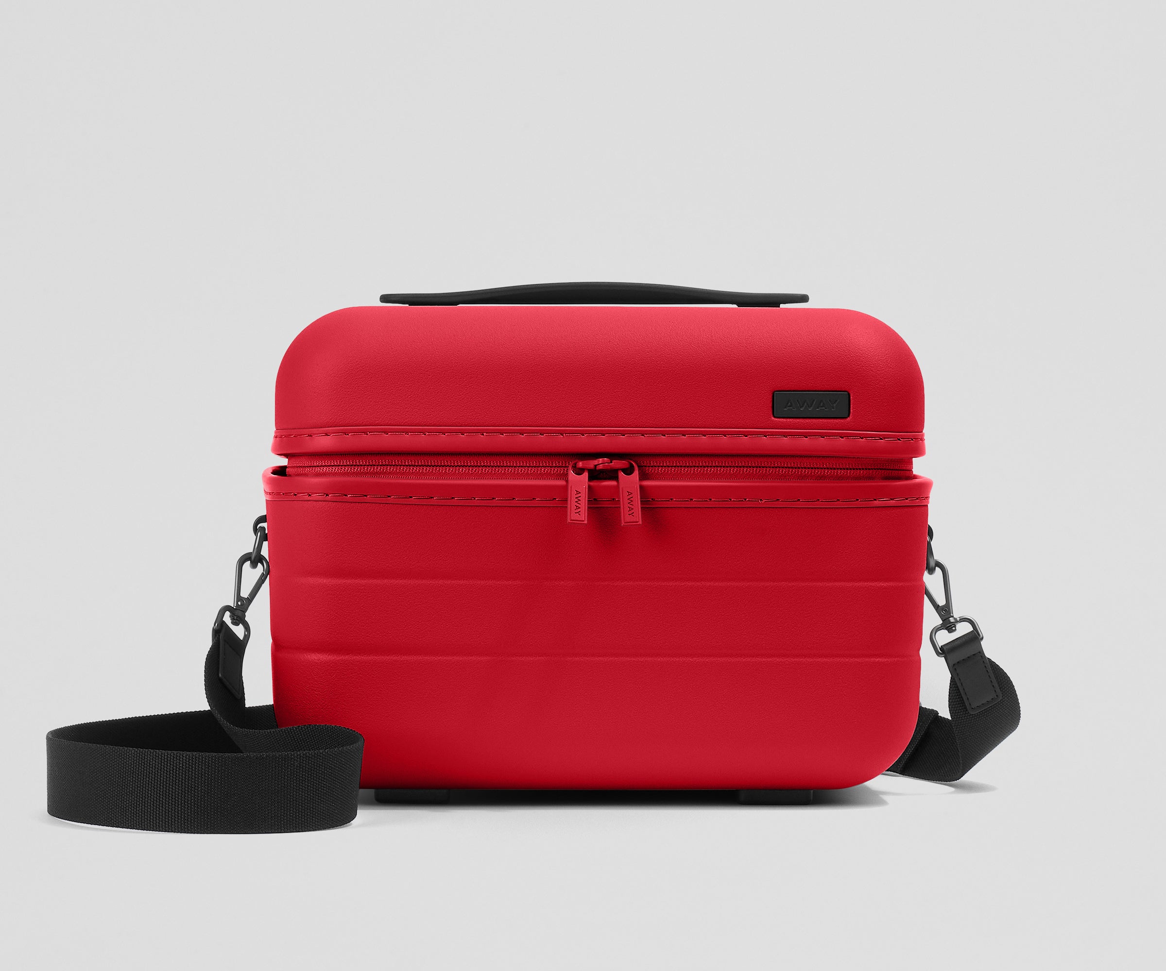 best train toiletries bag for traveling Clear Case with Top Compartment in Glazed Dark Cherry and a built Away Train Case in Cherry