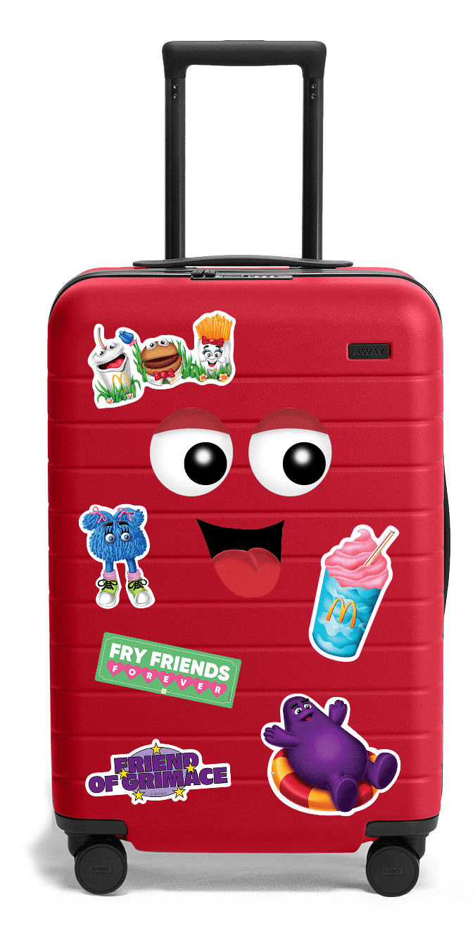 Illustrated red Away suitcase with McDonalds stickers