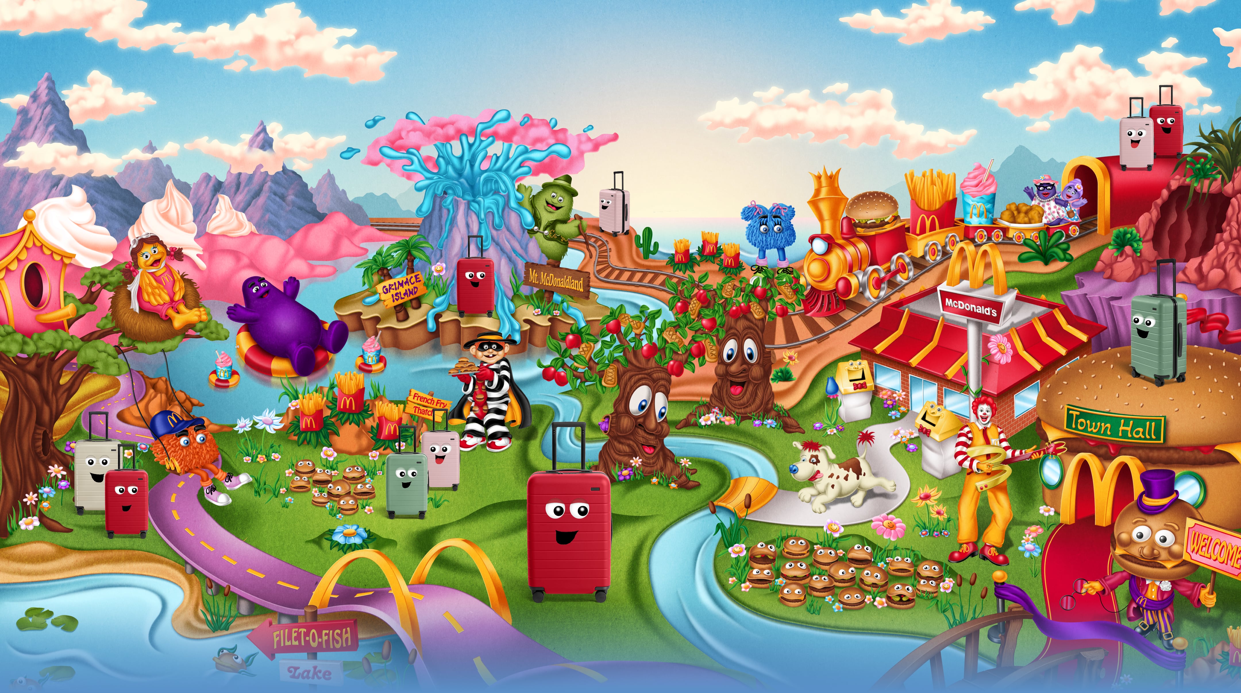 Colorful illustration of McDonaldland with Away suitcases throughout