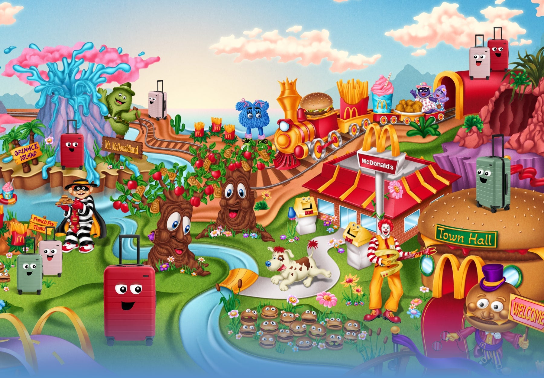 Colorful illustration of McDonaldland with Away suitcases throughout