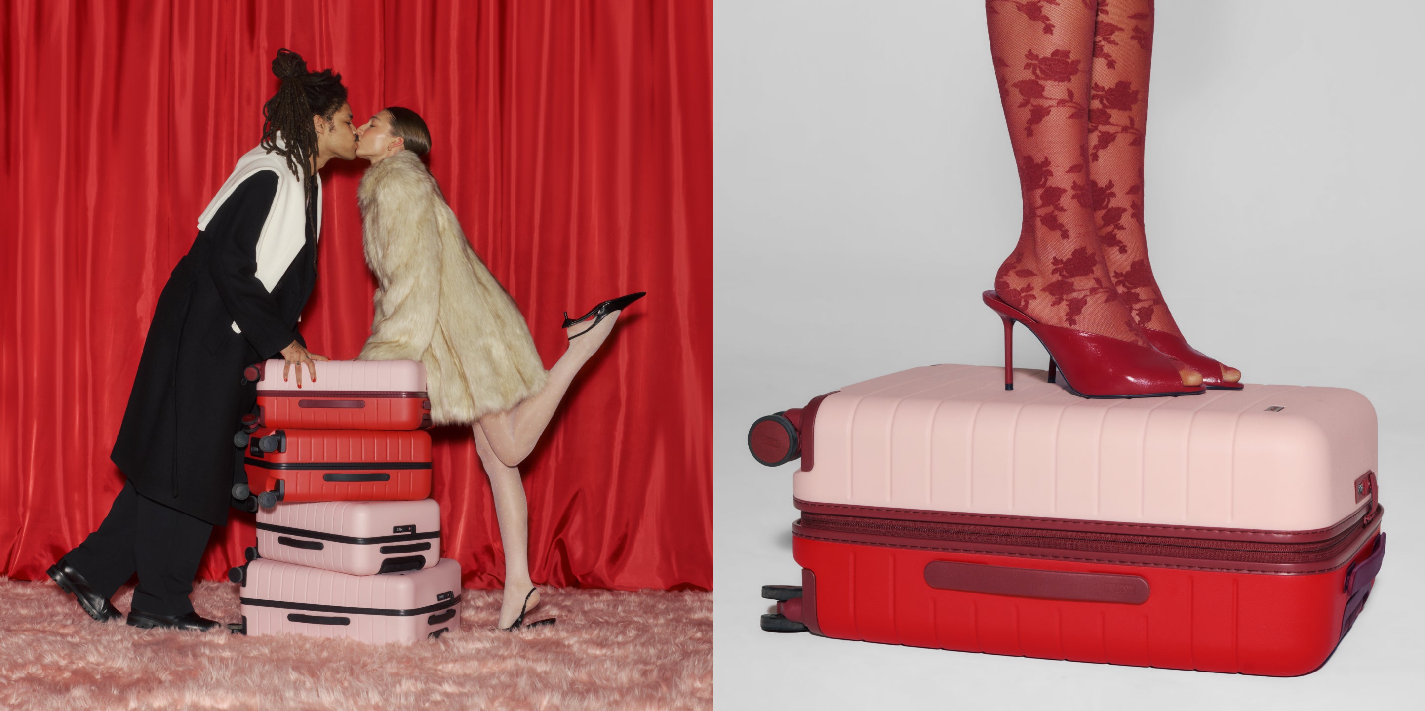 Away Valentine's Day luggage featured with models.
