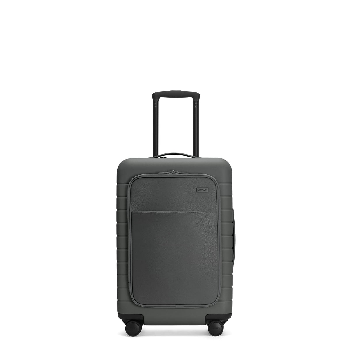 The Bigger Carry-On with Pocket in Asphalt shown from the front with raised telescoping handle