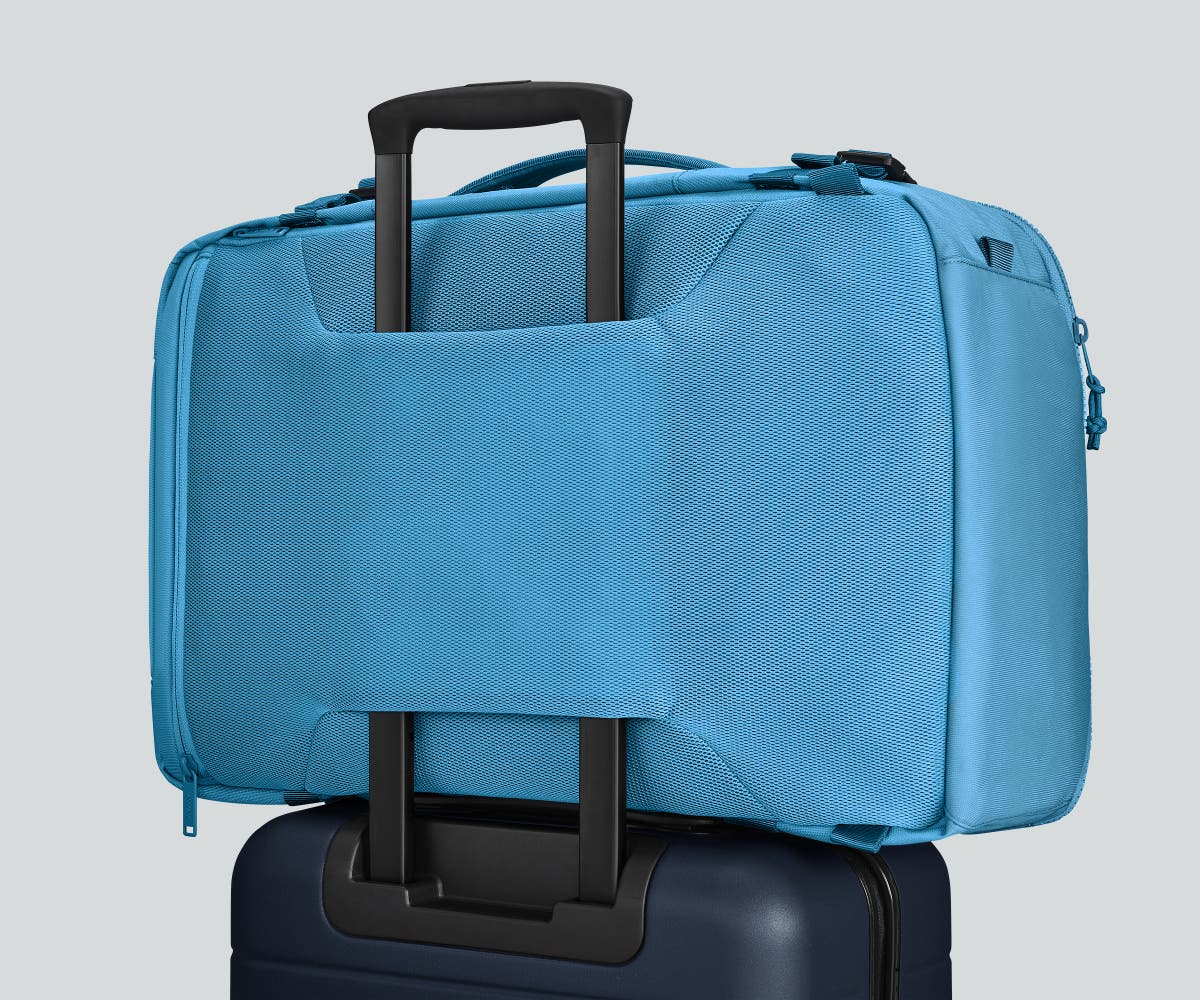 away travel far backpack Active Convertible 45L in Forest Green while zipper and webbing is made from 100% recycled material Active Convertible Backpack 45L in