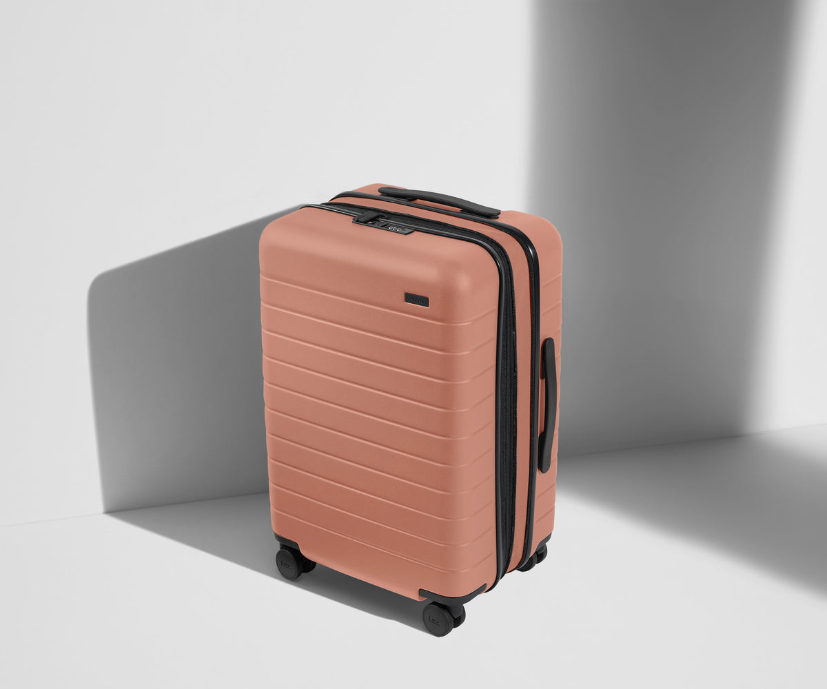 Angled product view of The Bigger Carry-On Flex suitcase in Clay Pink