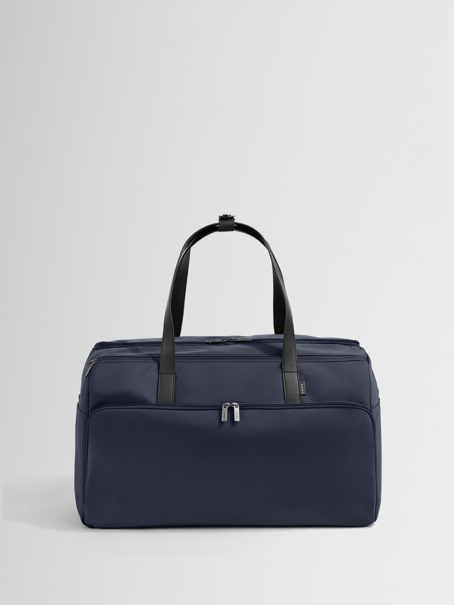 Front view of the Navy Blue Garment Duffle bag