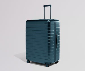 Teal suitcase with a matching handle on a light gray background