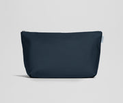 Navy blue pouch with a zipper on a light gray background