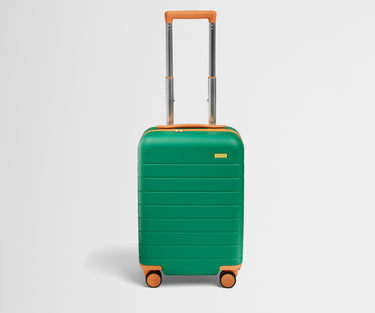 Front product view of The Kids Carry-On suitcase in Froggy Green with raised handle