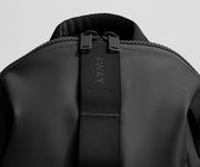 Close up view of the material and Away logo