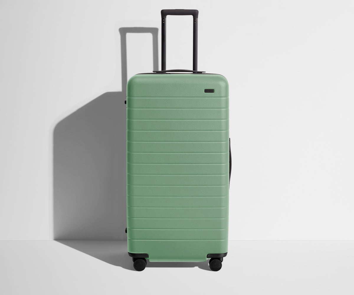 Front product view of The Trunk suitcase in Sea Green with raised handle