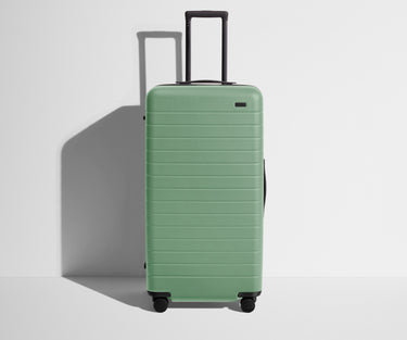 Front product view of The Trunk suitcase in Sea Green with raised handle