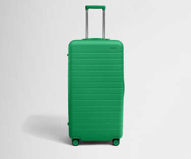 Front product view of The Trunk suitcase in Palm Green with raised handle