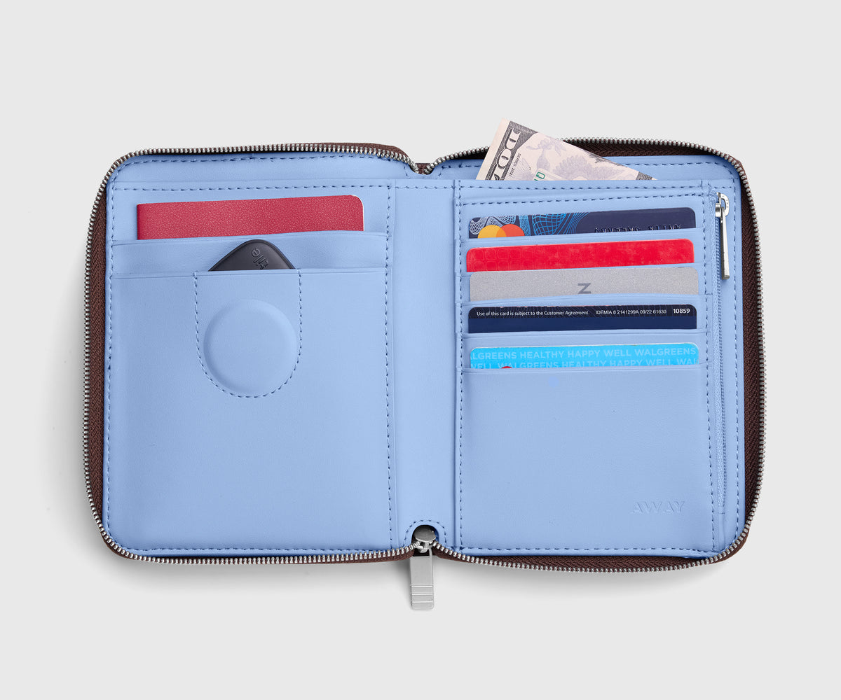 Travel Wallet in Chocolate Brown/Powder Blue