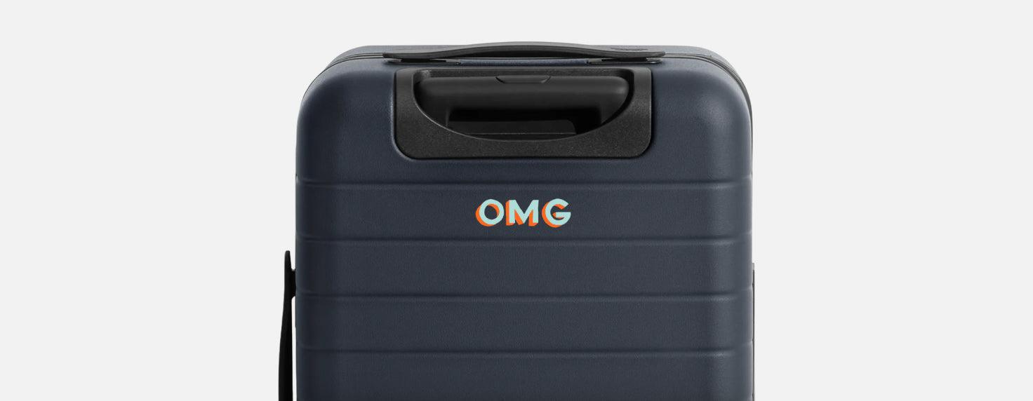An Away suitcase with digital printing on the back of the suitcase
