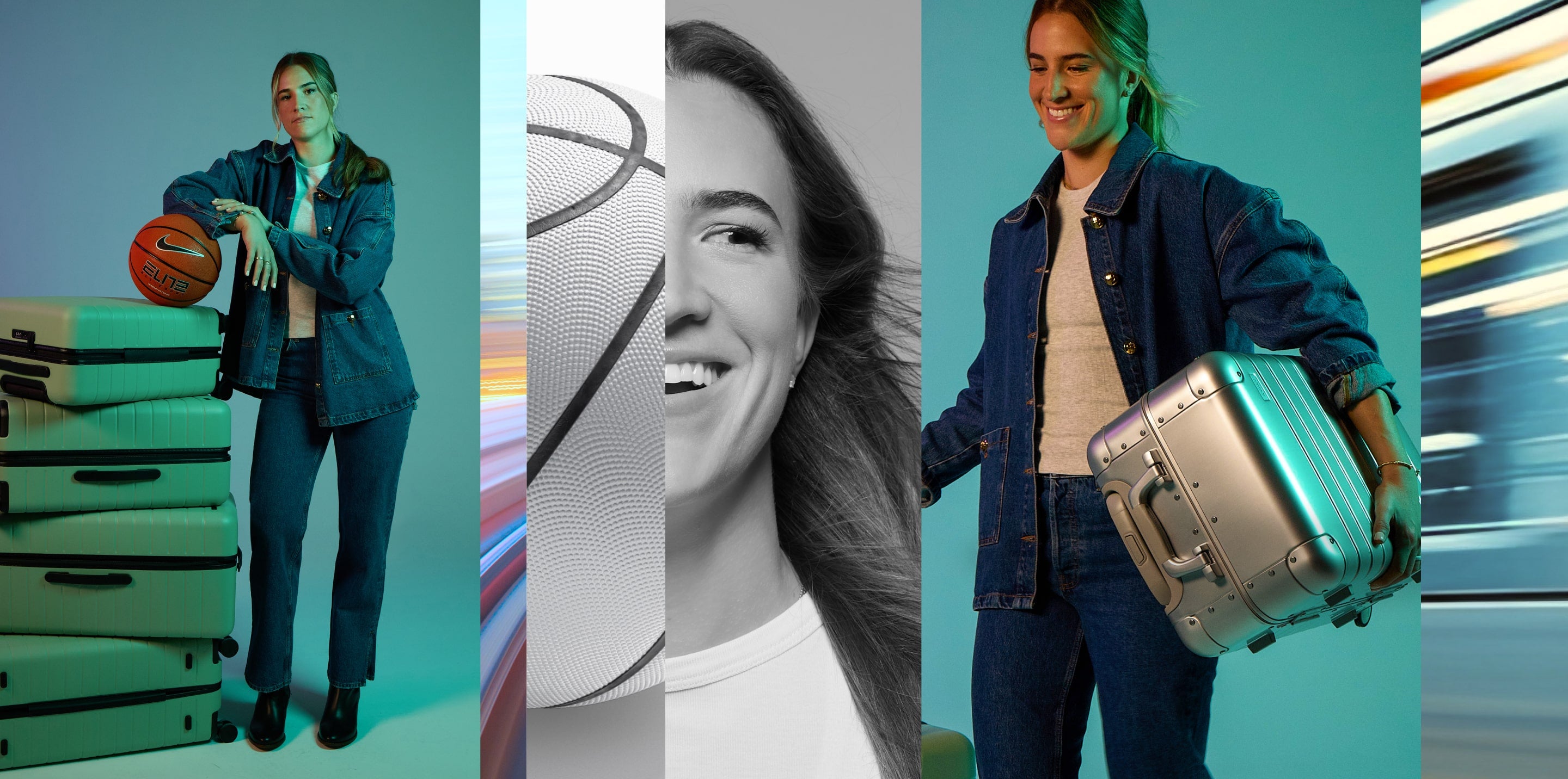 A collage of images of Sabrina Ionescu holding Away luggage
